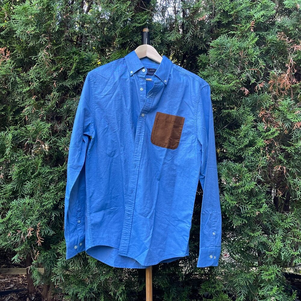 Simons Blue Button-Up with Brown Corduroy Pocket